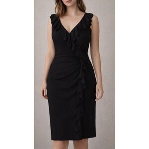 Ralph Lauren Black Ruffle Faux Wrap Midi Dress 8 Knit Ruching Classic Career
